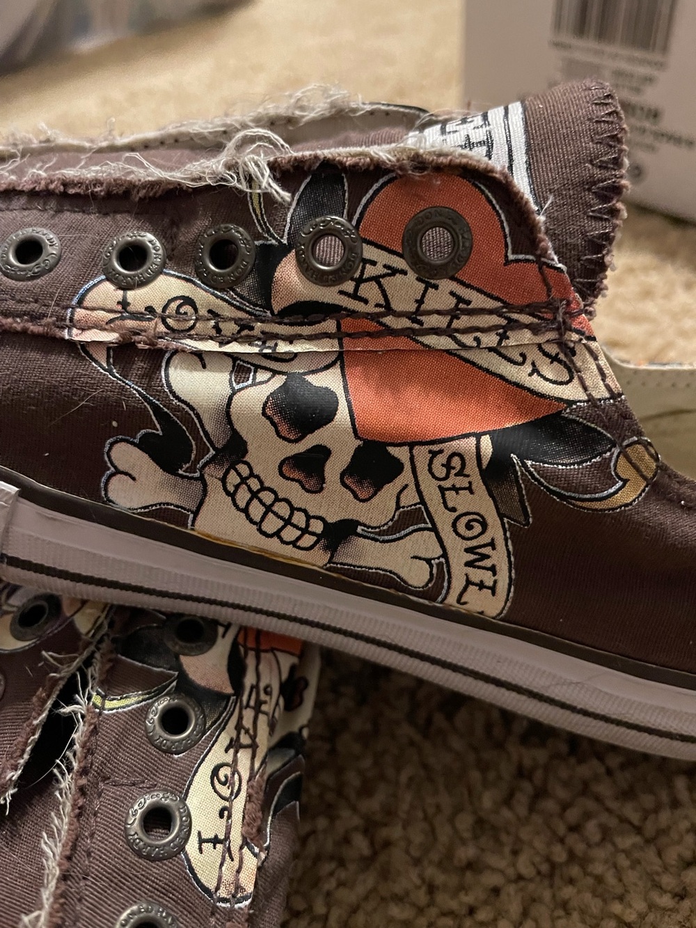 Ed Hardy Brown Canvas Slip-On Sneakers with skeleton Printed Sides